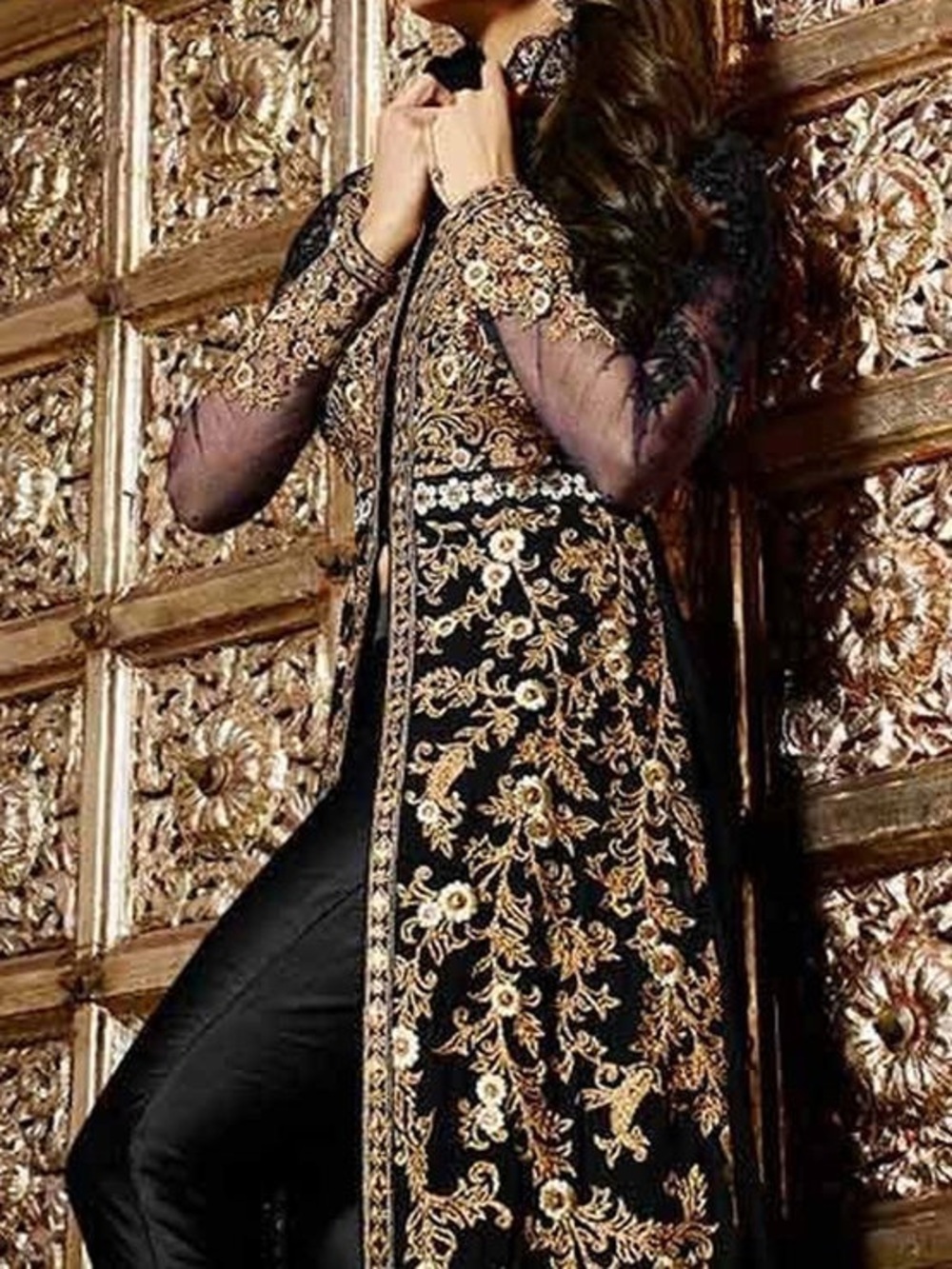 Indian/Pakistani Black and Gold Embroidered Long Shalwar Kameez Set